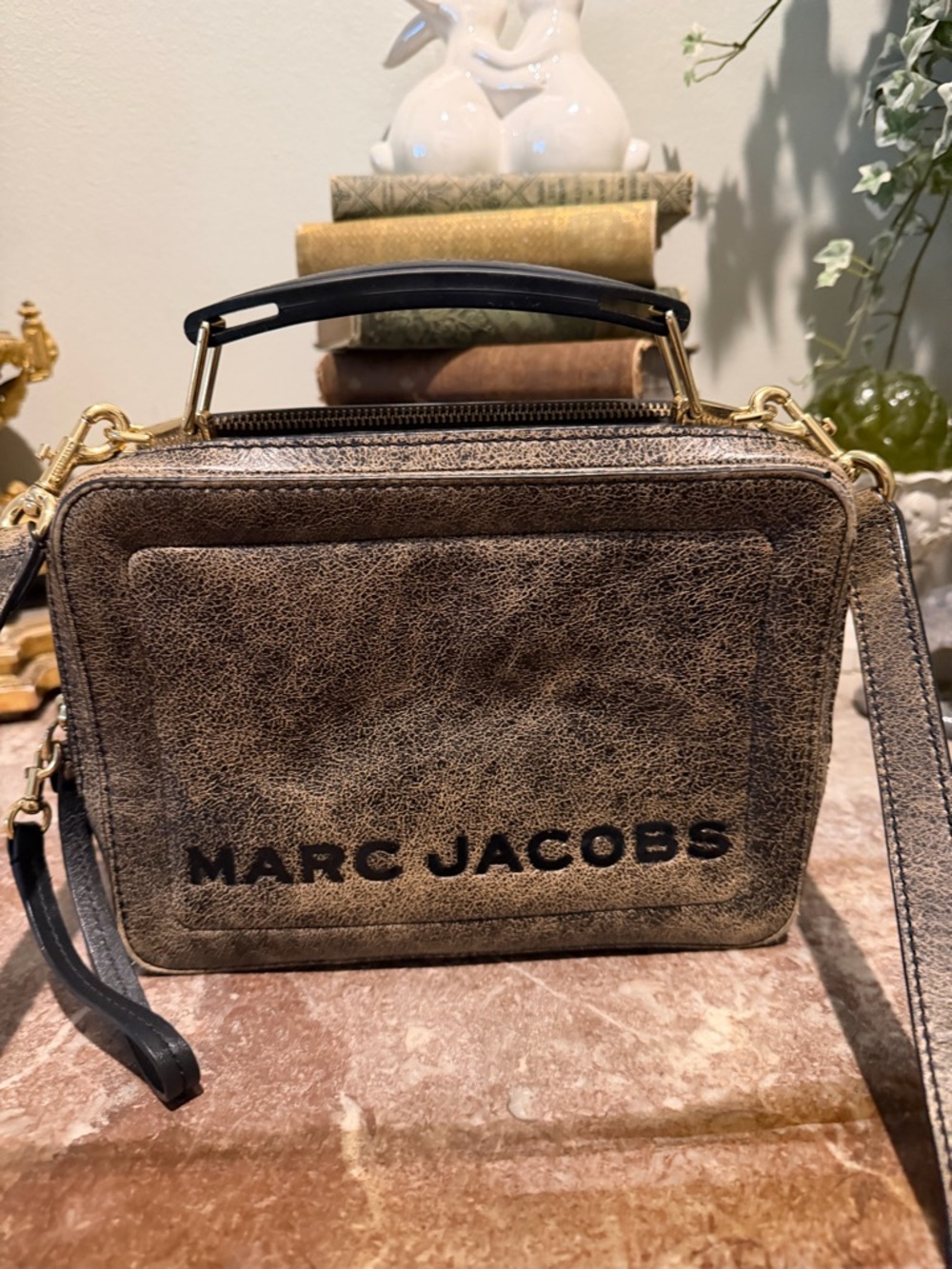 Marc Jacobs Distressed Brown Leather Box Bag with Black Logo